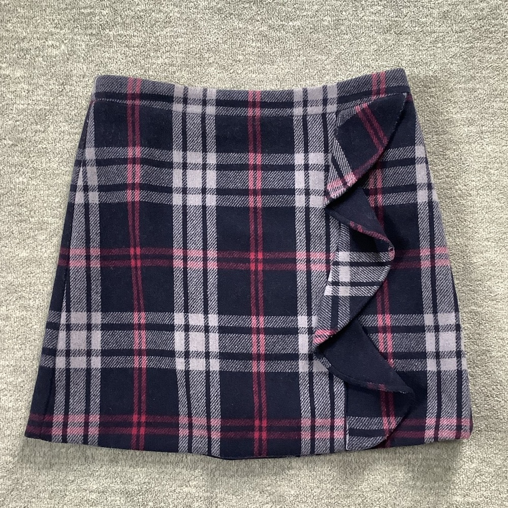 J. Crew Navy/ Red/Gray Wool Blend Plaid Ruffle Mini Skirt Sz. 4